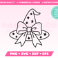 My trendy Coquette Witch Hat SVG is part of my Halloween SVG Files for Cricut collection, and features an outline of a cute witch hat covered in stars with an oversized bow on it.