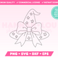 My trendy Coquette Witch Hat SVG is part of my Halloween SVG Files for Cricut collection, and features a single-line drawing or sketch of a cute witch hat covered in stars with an oversized bow on it.