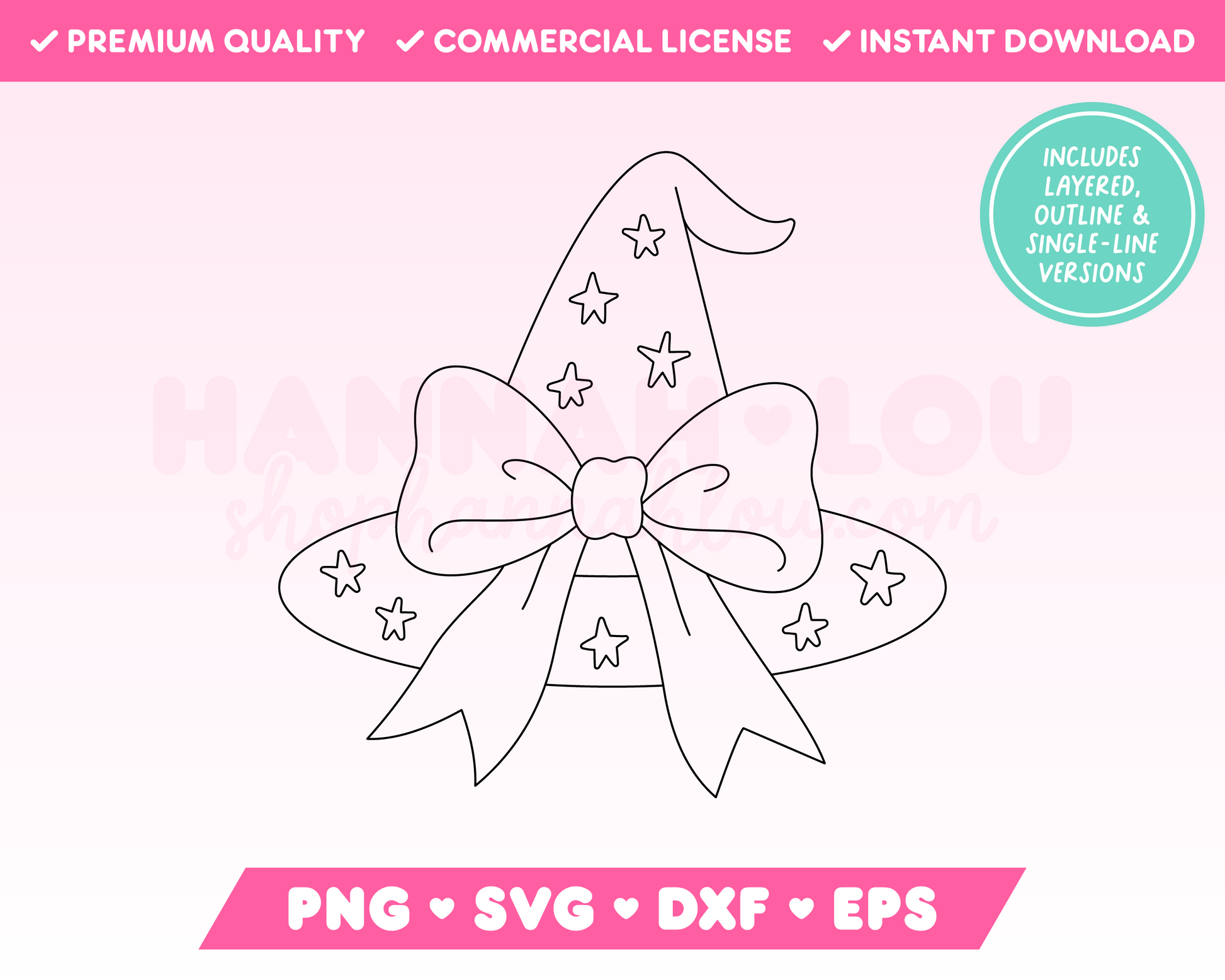 My trendy Coquette Witch Hat SVG is part of my Halloween SVG Files for Cricut collection, and features a single-line drawing or sketch of a cute witch hat covered in stars with an oversized bow on it.