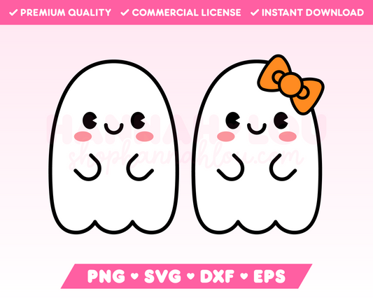 My not-so-spooky Cute Ghost SVG Bundle is part of my Halloween SVG Files for Cricut collection, and features a two kawaii-style ghost with rosy cheeks, one wearing a bow.