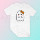 My kawaii-style Cute Ghost with Bow PNG is part of my Halloween Sublimation Designs collection, and features a cute ghost with rosy cheeks and a bow on a t-shirt.