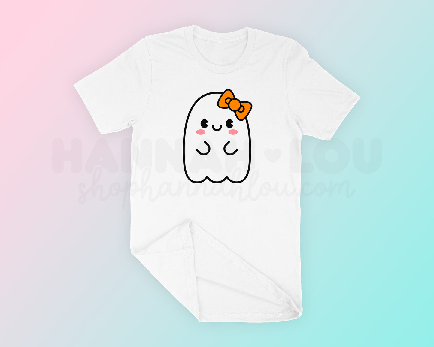 My kawaii-style Cute Ghost with Bow PNG is part of my Halloween Sublimation Designs collection, and features a cute ghost with rosy cheeks and a bow on a t-shirt.