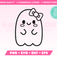My not-so-spooky Cute Ghost with Bow SVG is part of my Halloween SVG Files for Cricut collection, and features an outline of a kawaii-style ghost with rosy cheeks wearing a bow.