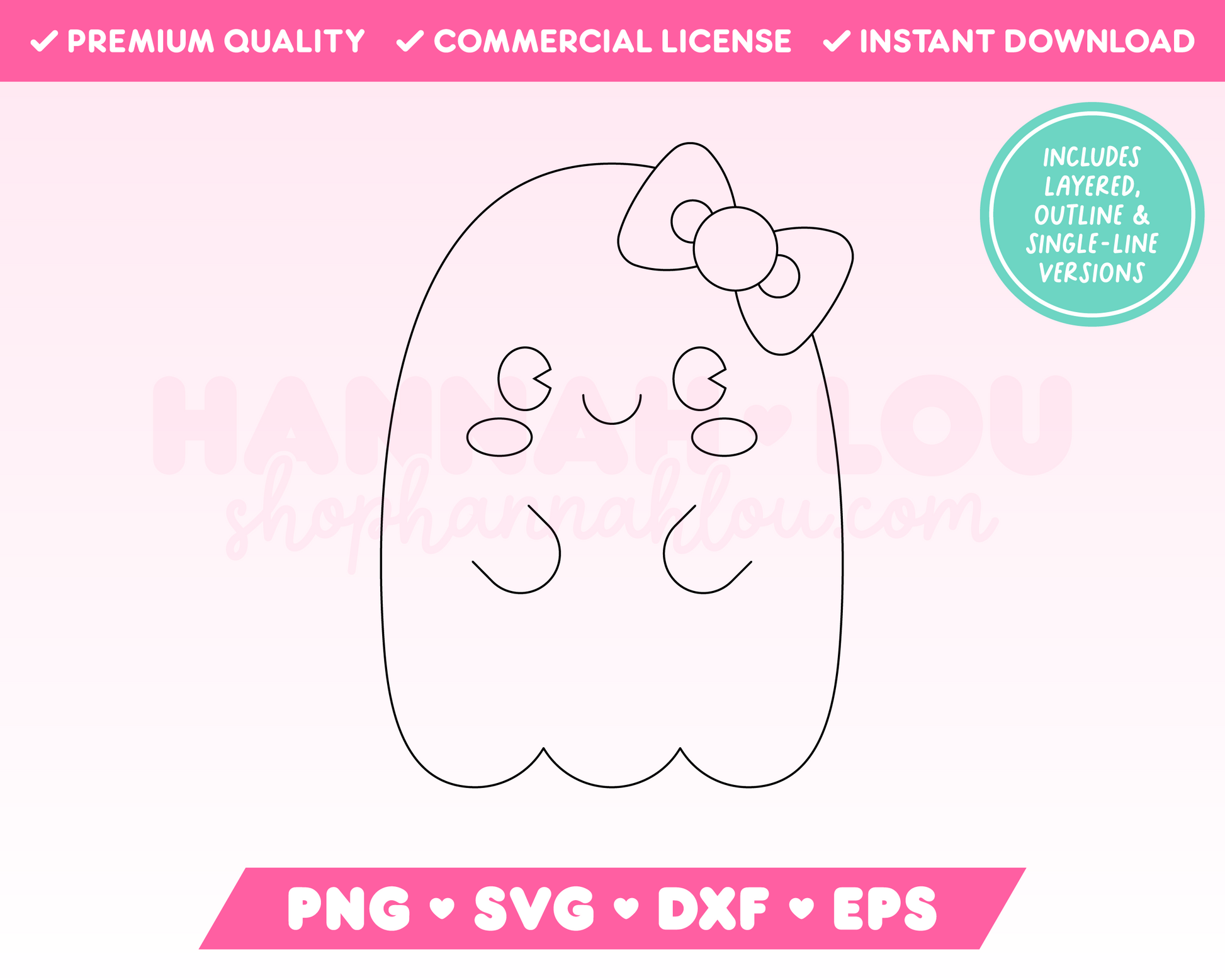 My not-so-spooky Cute Ghost with Bow SVG is part of my Halloween SVG Files for Cricut collection, and features a single-line drawing or sketch of a kawaii-style ghost with rosy cheeks wearing a bow.