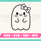 My kawaii-style Cute Ghost with Bow SVG is part of my Halloween SVG Files for Cricut collection, and features an outline of a cute ghost with rosy cheeks and a bow.