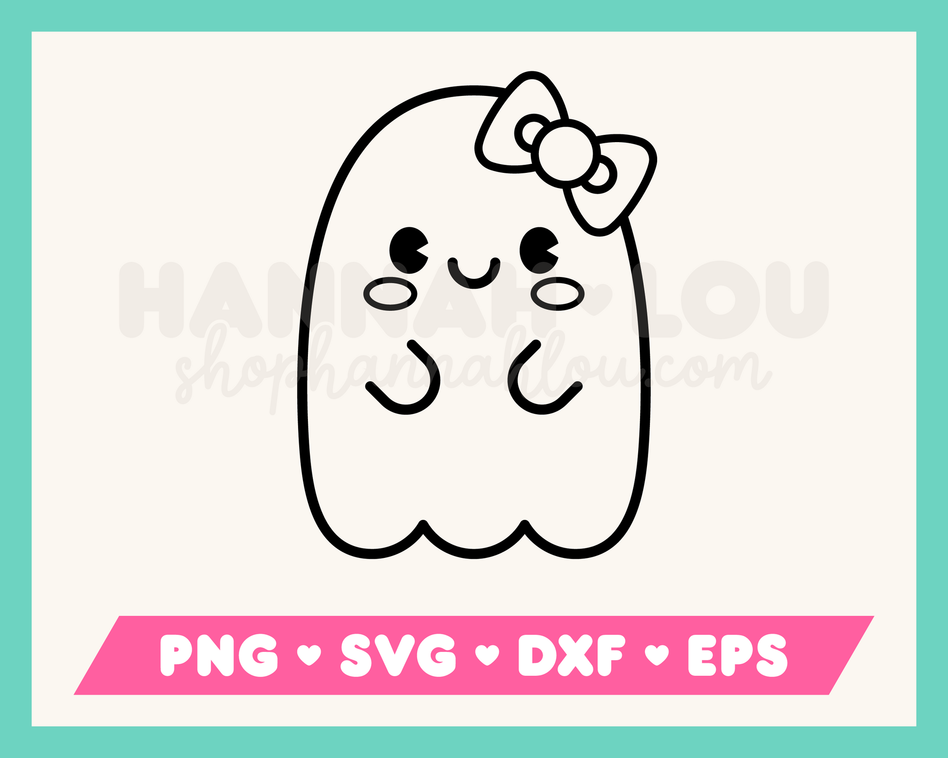 My kawaii-style Cute Ghost with Bow SVG is part of my Halloween SVG Files for Cricut collection, and features an outline of a cute ghost with rosy cheeks and a bow.