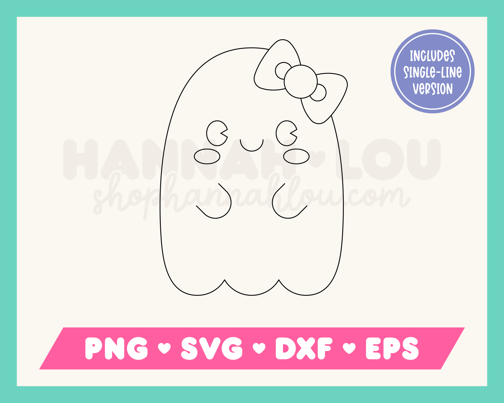 My kawaii-style Cute Ghost with Bow SVG is part of my Halloween SVG Files for Cricut collection, and features a single-line drawing of a cute ghost with rosy cheeks and a bow.