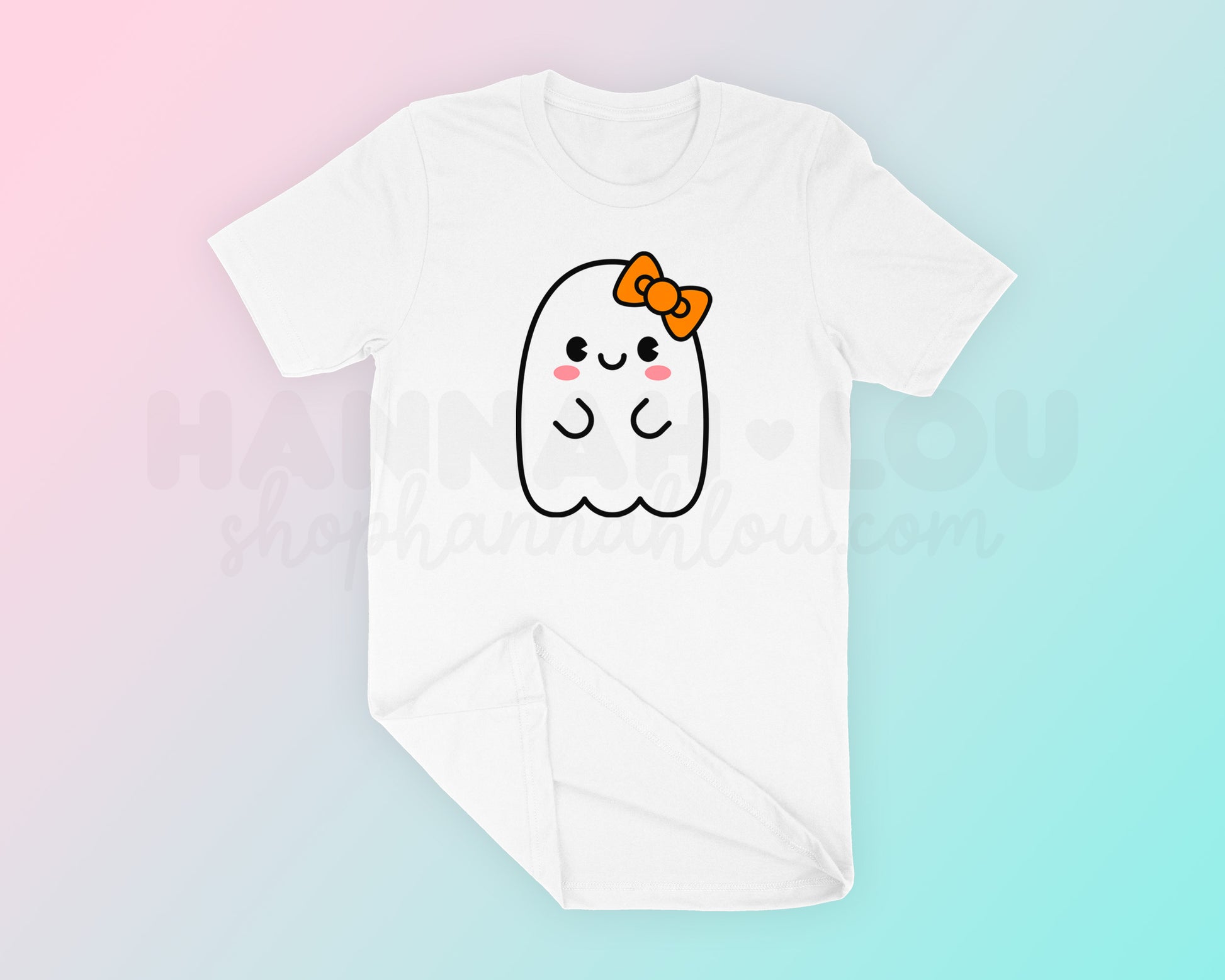 My kawaii-style Cute Ghost with Bow SVG is part of my Halloween SVG Files for Cricut collection, and features a cute ghost with rosy cheeks and a bow on a t-shirt.