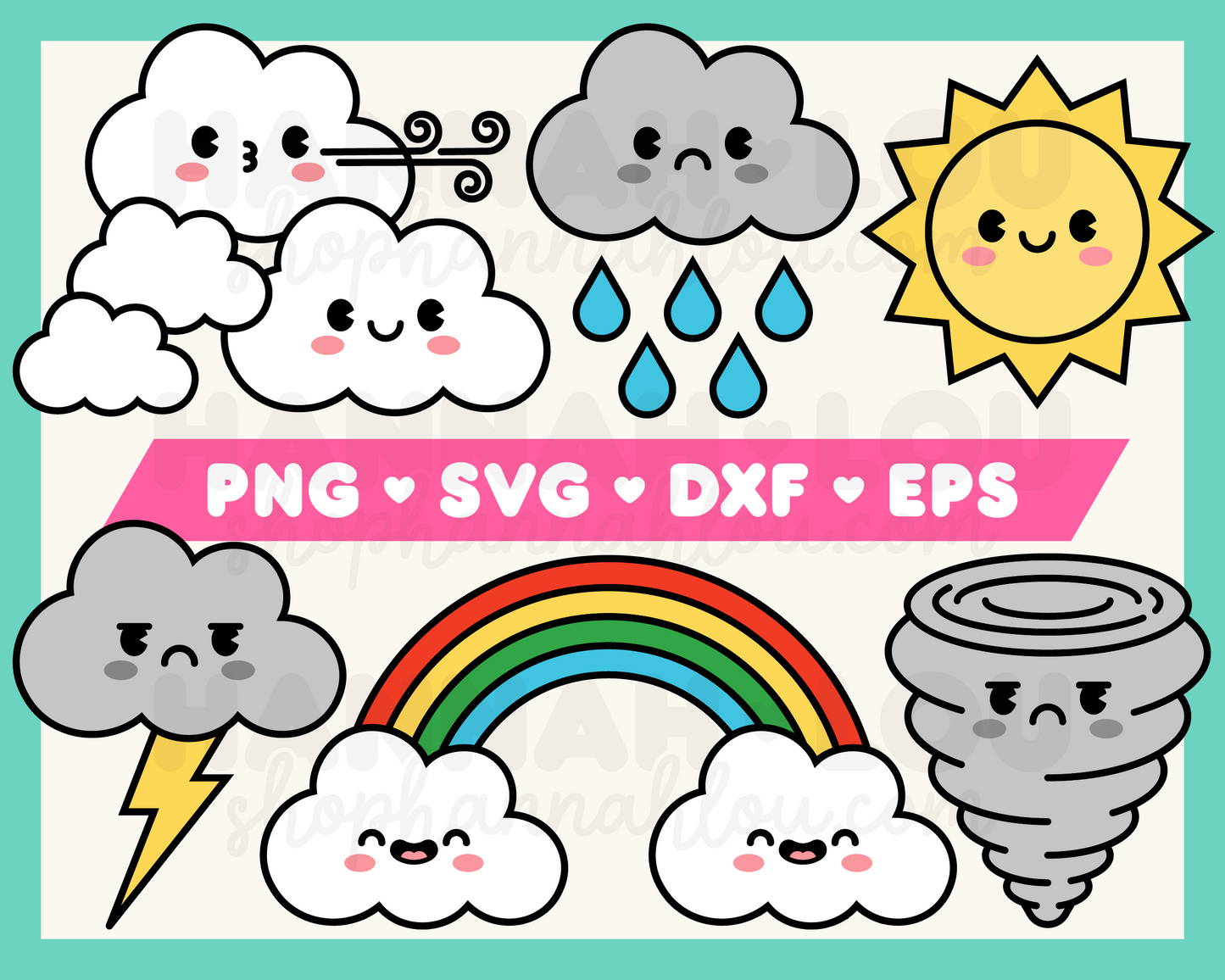 My Cute Weather Clip Art Bundle is part of my Cute SVG Files for Cricut collection, and features kawaii-style weather clip art with a face and rosy cheeks.