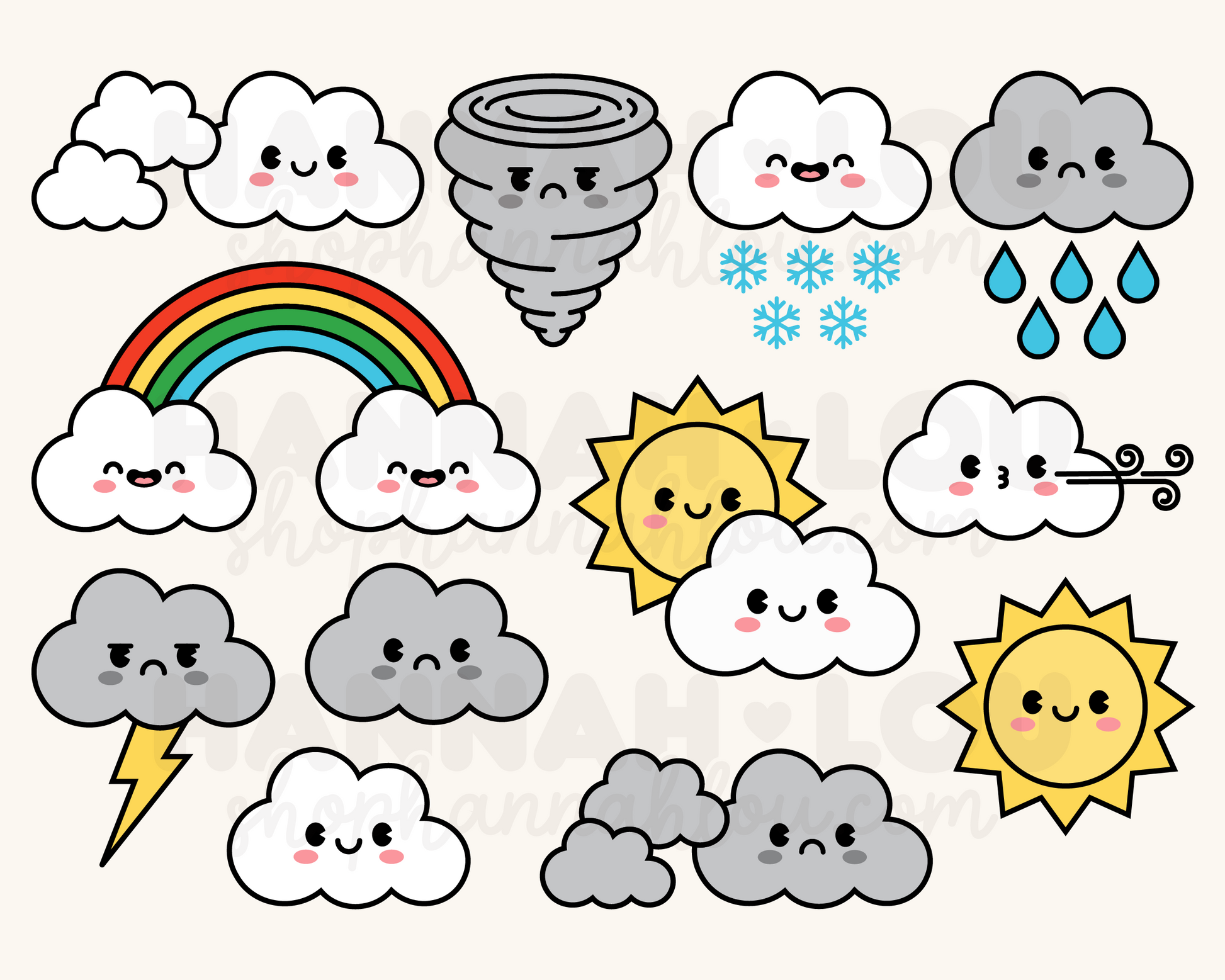 My Cute Weather Clip Art Bundle is part of my Cute SVG Files for Cricut collection, and features kawaii-style weather clip art with a face and rosy cheeks.