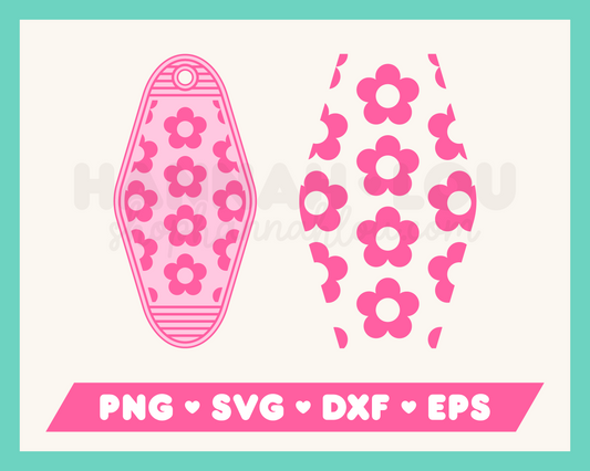 My Flower Motel Keychain SVG is part of my Motel Keychain SVG Files for Cricut collection, and features a motel keychain with a retro flower pattern on it.