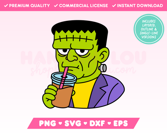 Frankenstein Drinking Iced Coffee SVG • Halloween SVG Files for Cricut • Halloween Sublimation Designs
