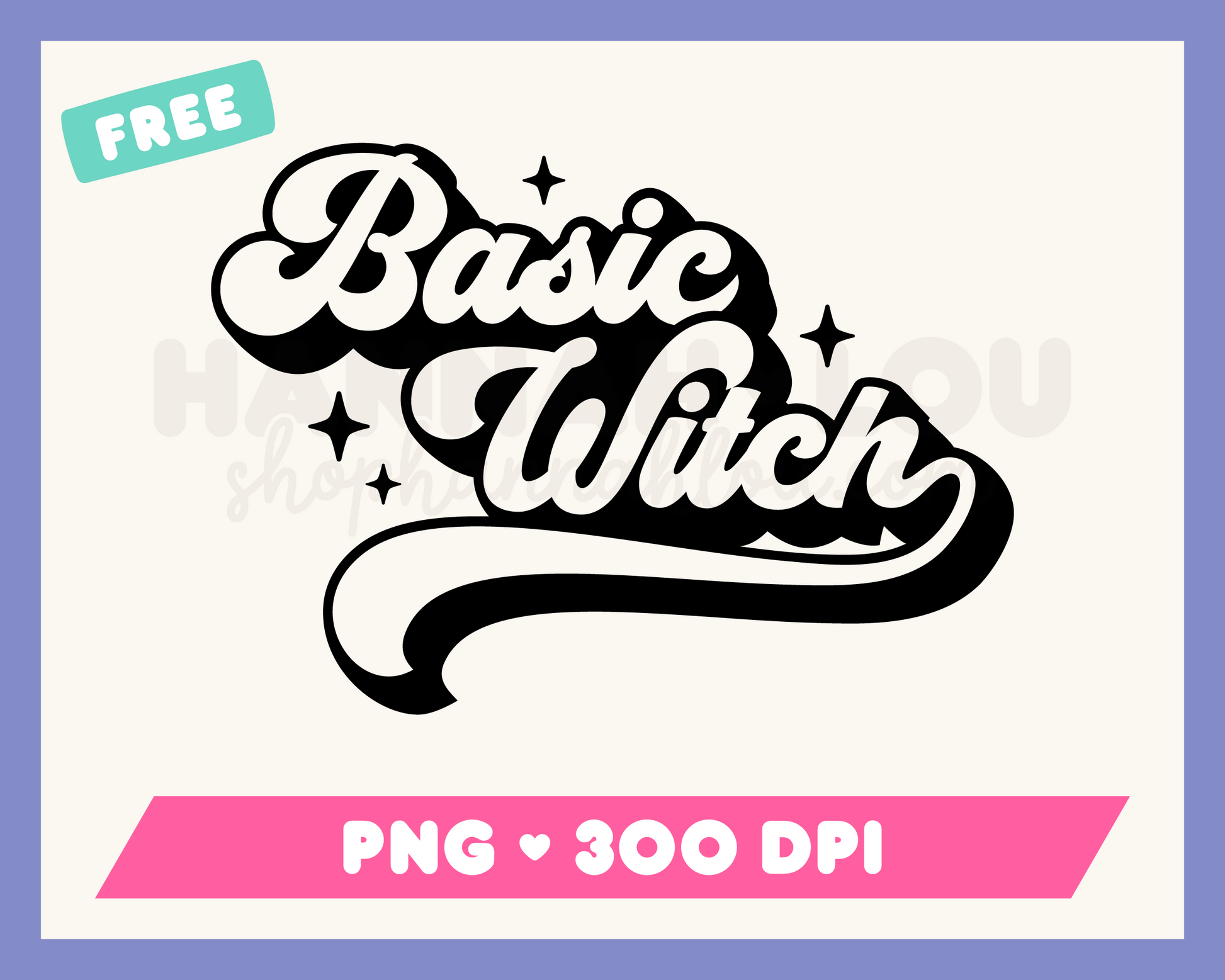 My free Basic Witch PNG is part of my Free Halloween Sublimation Designs collection, and features the words 'Basic Witch' in a retro-style font, surrounded by sparkles.