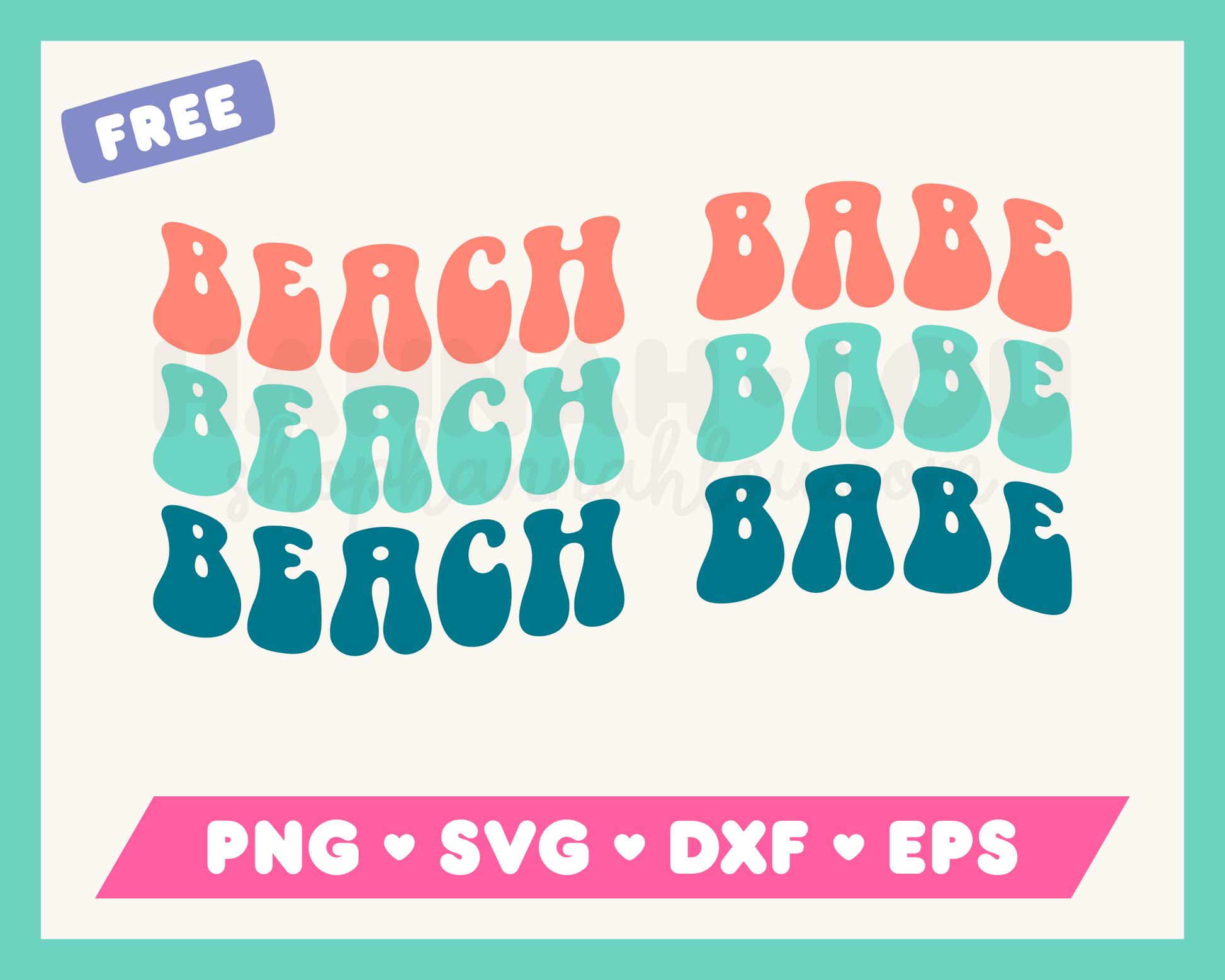 My free Beach Babe SVG is part of my free beach SVG files for Cricut collection, and features the words 'Beach Babe' three times in a wavy, retro-style font.