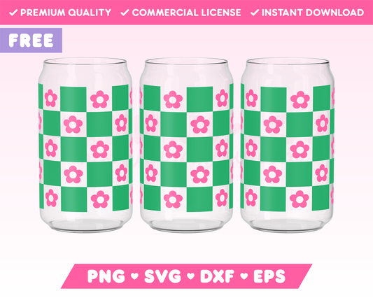 Free Checkered Flower 16oz Can Glass Wrap SVG • Free Can Glass Wrap SVG Files for Cricut • Free Can Glass Wrap Sublimation Designs