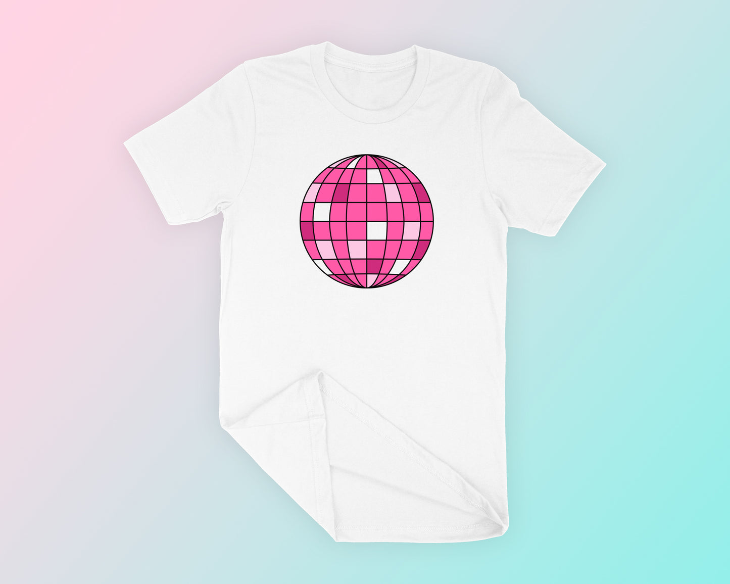 My free Disco Ball SVG is part of my free retro SVG files for Cricut collection, and features a mockup of a pink disco ball on a t-shirt.