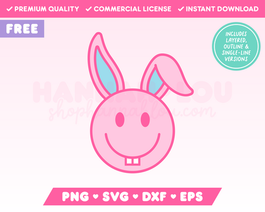 My free Happy Face Easter Bunny SVG is part of my Free Easter SVG Files for Cricut collection, and features a trendy happy face-style Easter bunny with goofy teeth and floppy ears.