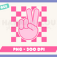 My free Peace PNG is part of my Free Hippie Sublimation Designs collection, and features a hand giving the peace sign against a checkered background.