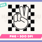 My free Peace PNG is part of my Free Hippie Sublimation Designs collection, and features an outline of a hand giving the peace sign against a checkered background.