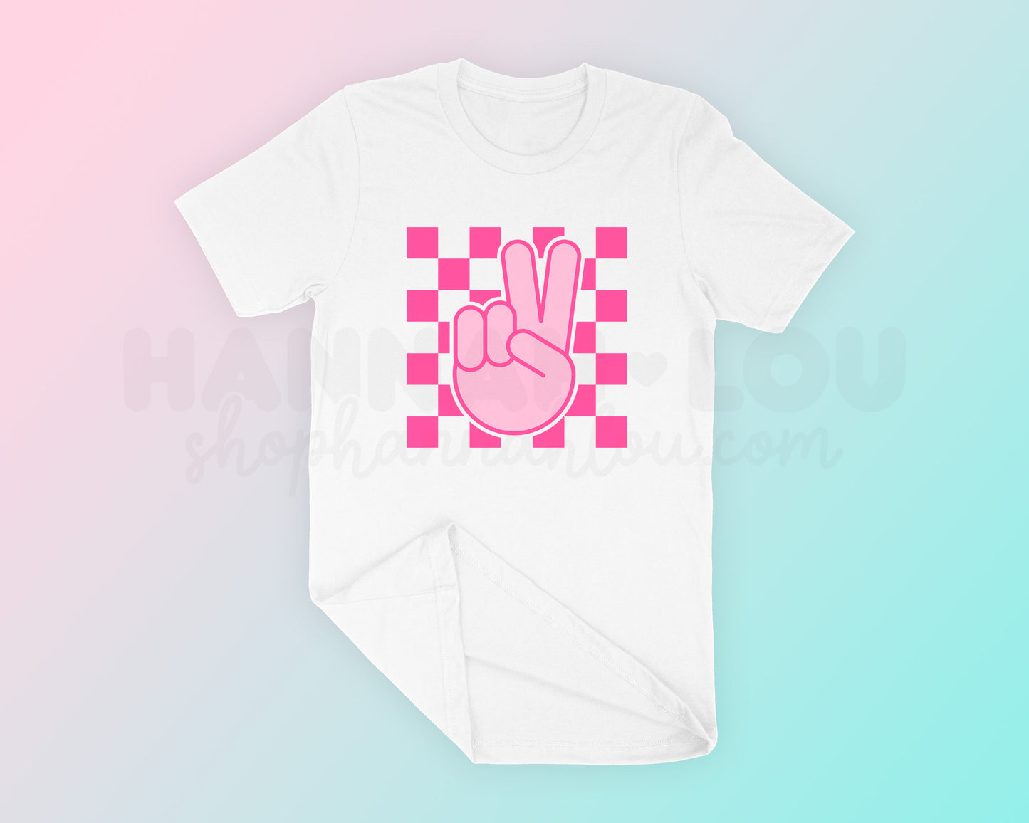 My free Peace PNG is part of my Free Hippie Sublimation Designs collection, and features a hand giving the peace sign against a checkered background on a t-shirt.