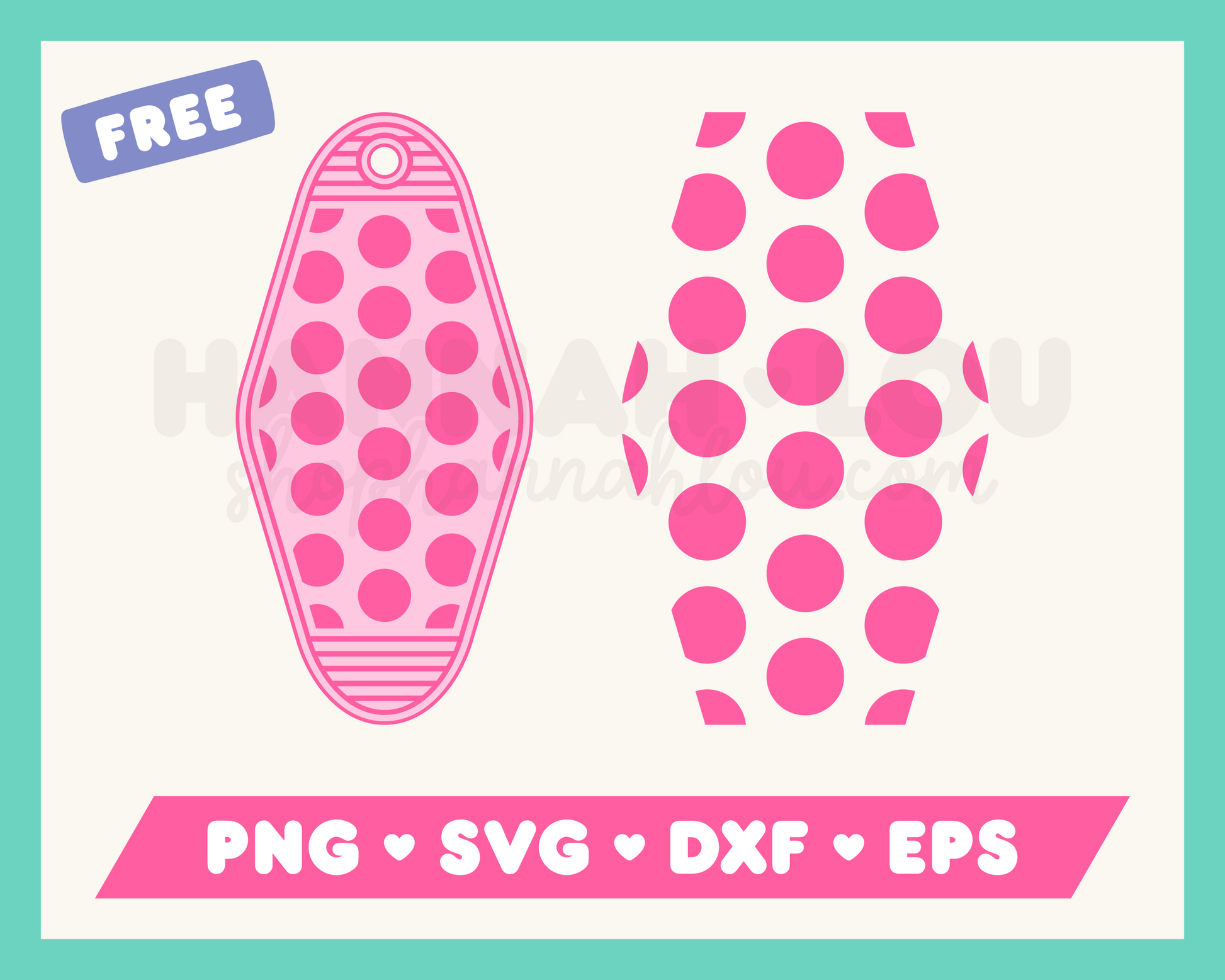 My free Polka Dot Motel Keychain SVG is part of my Free Motel Keychain SVG Files for Cricut collection, and features a motel keychain with a polka dot pattern on it.