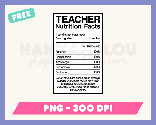 My free Teacher Nutrition Facts PNG is part of my Free Teacher Sublimation Designs collection, and features a nutrition facts label for a teacher.