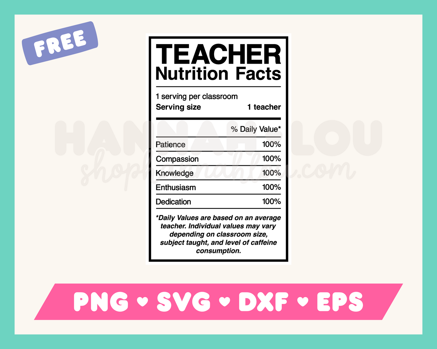 My free Teacher Nutrition Facts SVG is part of my free teacher SVG files for Cricut collection, and features a nutrition facts label for a teacher.