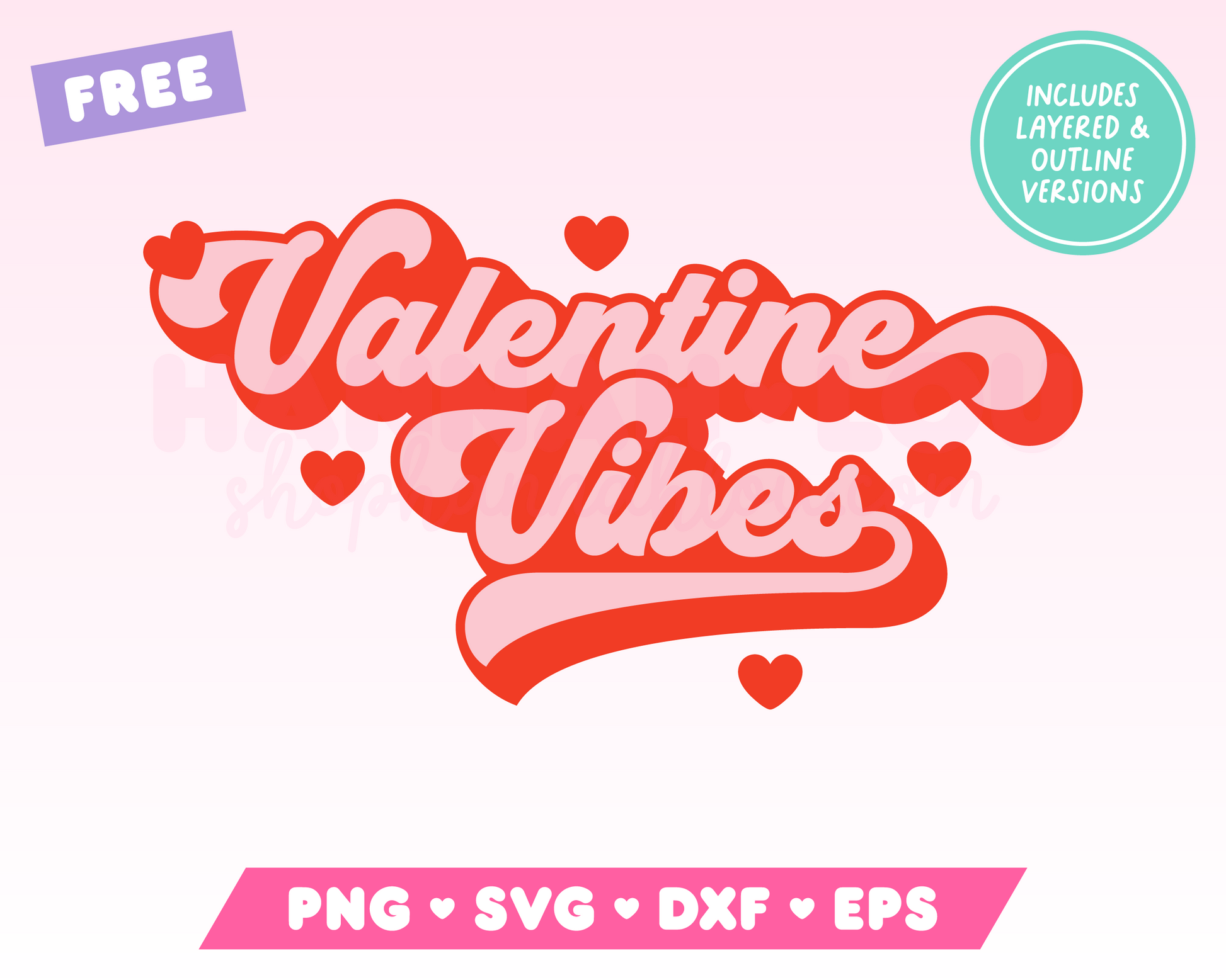 My free Valentine Vibes SVG is part of my free Valentine's Day SVG files for Cricut collection, and features retro-style text that's surrounded by hearts and says Valentine Vibes.