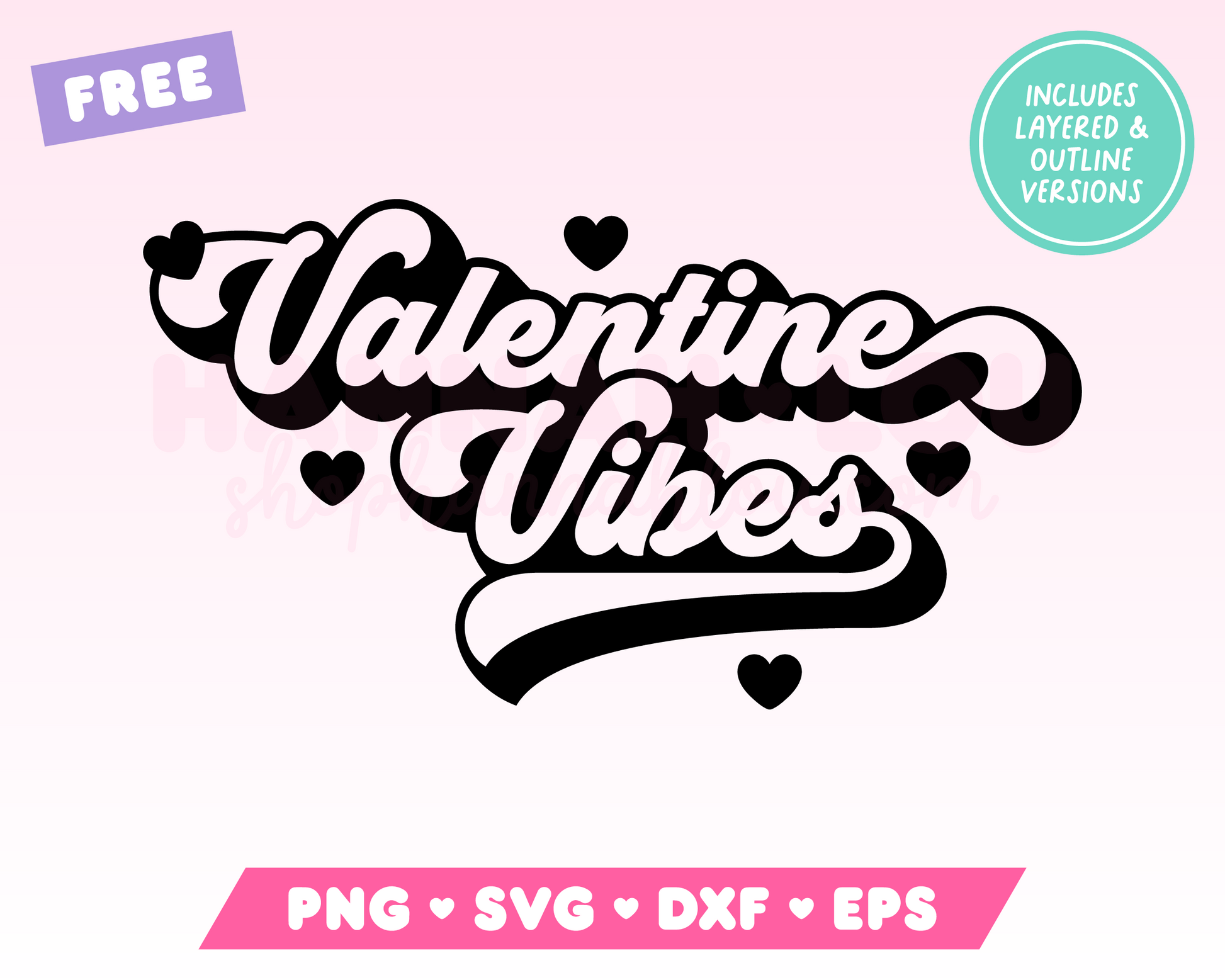 My free Valentine Vibes SVG is part of my free Valentine's Day SVG files for Cricut collection, and features an outline of retro-style text that's surrounded by hearts and says Valentine Vibes.