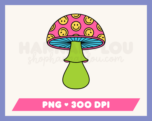 My psychedelic Trippy Mushroom PNG is part of my Hippie Sublimation Designs collection, and features a retro trippy mushroom covered in happy faces.