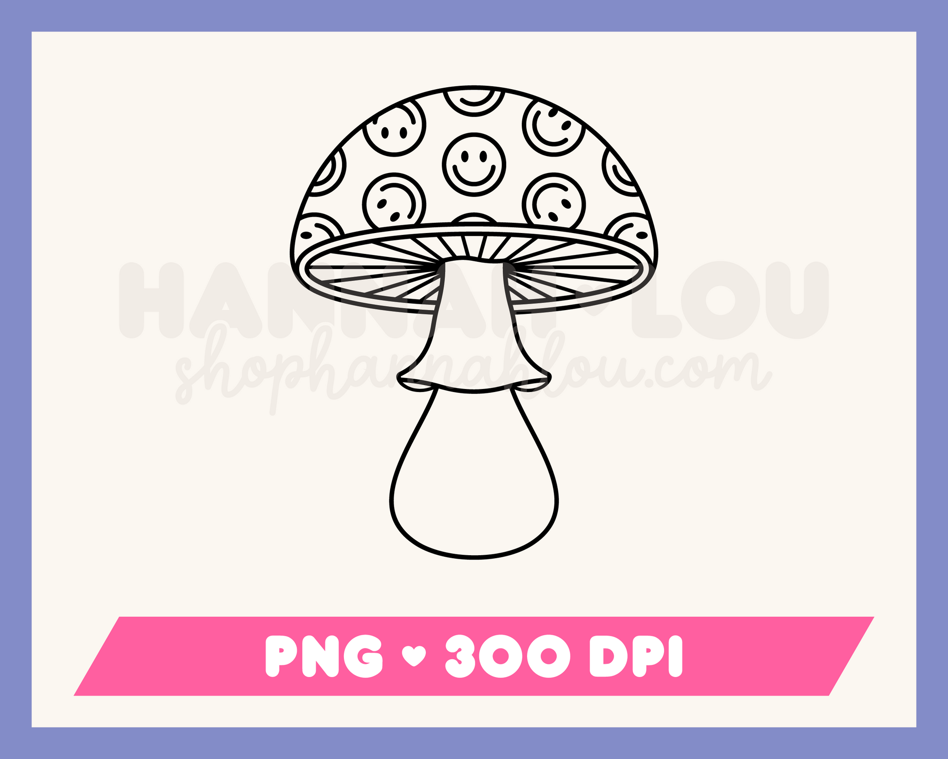 My psychedelic Trippy Mushroom PNG is part of my Hippie Sublimation Designs collection, and features an outline of a retro trippy mushroom covered in happy faces.