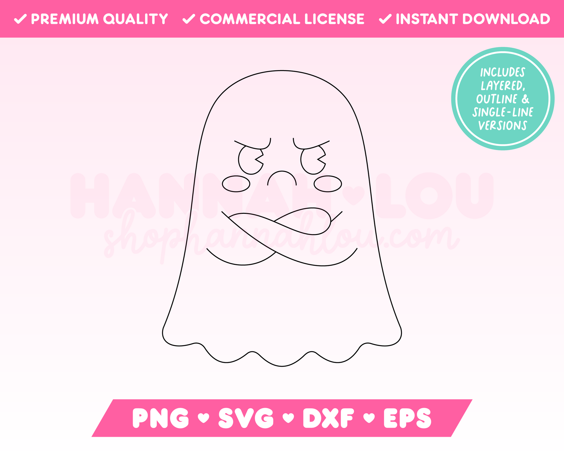 My cute Grumpy Ghost SVG is part of my Halloween SVG Files for Cricut collection, and features a single-line drawing or sketch of an adorable grumpy ghost with its arms folded.