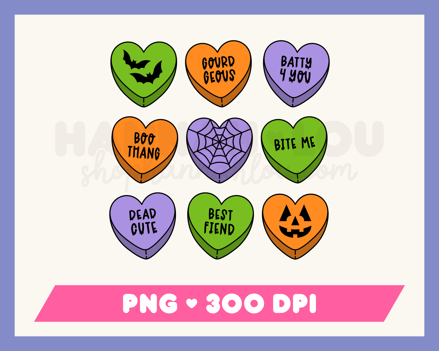 My Halloween Candy Hearts PNG is part of my Halloween Sublimation Designs collection, and features a nine candy heart-style hearts with Halloween-themed phrases on them, like Boo Thang and Batty 4 You.