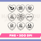 My Halloween Candy Hearts PNG is part of my Halloween Sublimation Designs collection, and features an outline of nine candy heart-style hearts with Halloween-themed phrases on them, like Boo Thang and Batty 4 You.