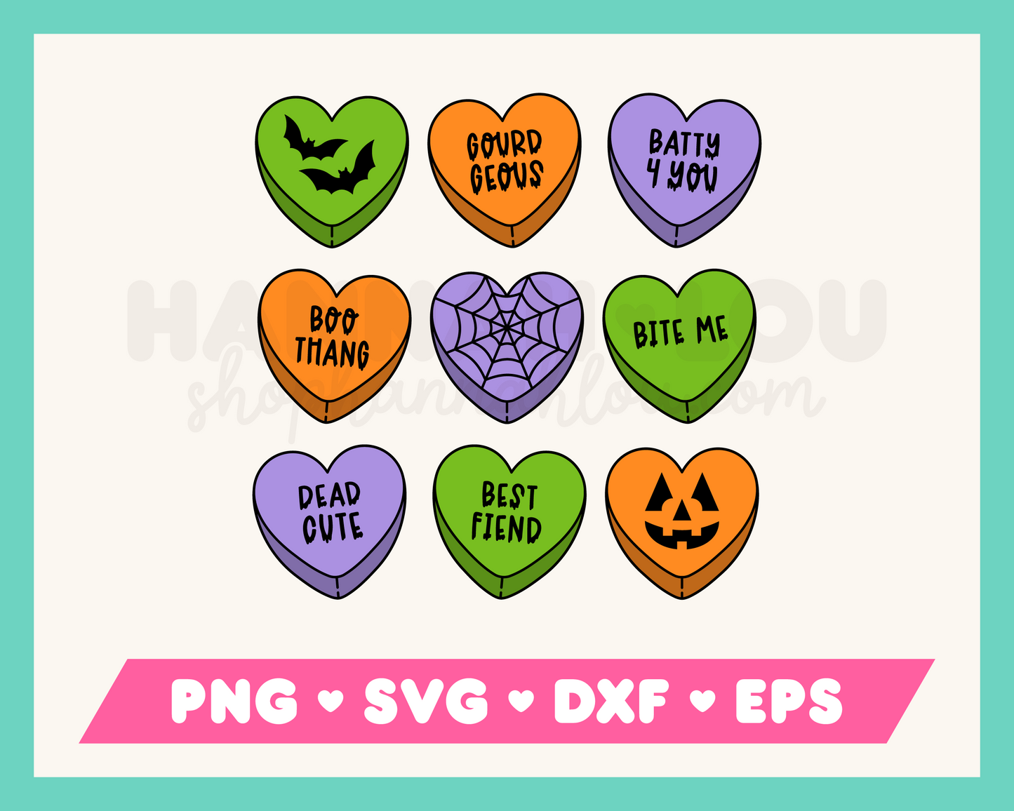 My Halloween Candy Hearts SVG is part of my Halloween SVG Files for Cricut collection, and features a nine candy heart-style hearts with Halloween-themed phrases on them, like Boo Thang and Batty 4 You.