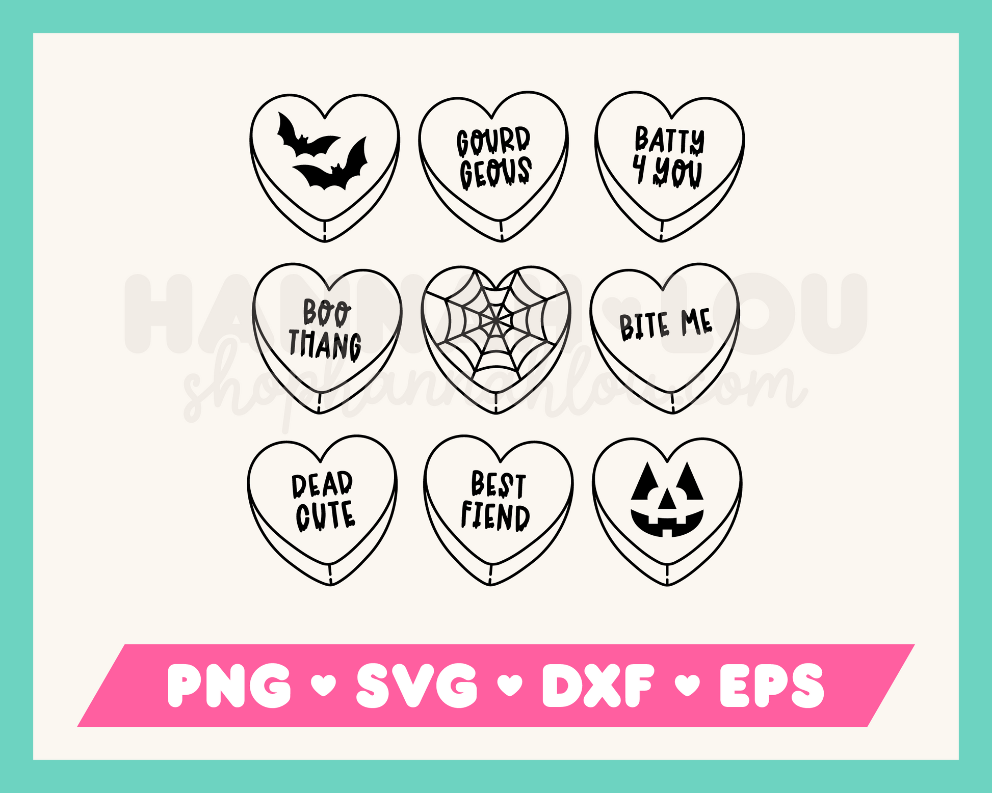 My Halloween Candy Hearts SVG is part of my Halloween SVG Files for Cricut collection, and features an outline of nine candy heart-style hearts with Halloween-themed phrases on them, like Boo Thang and Batty 4 You.