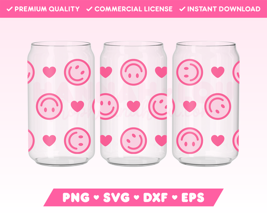 Heart Happy Face 16oz Can Glass Wrap SVG • Can Glass Wrap SVG Files for Cricut • Can Glass Wrap Sublimation Designs