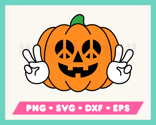 My peace-loving Hippie Pumpkin SVG is part of my Halloween SVG Files for Cricut collection, and features a jack-o-lantern with peace symbols for eyes who is giving the peace sign.