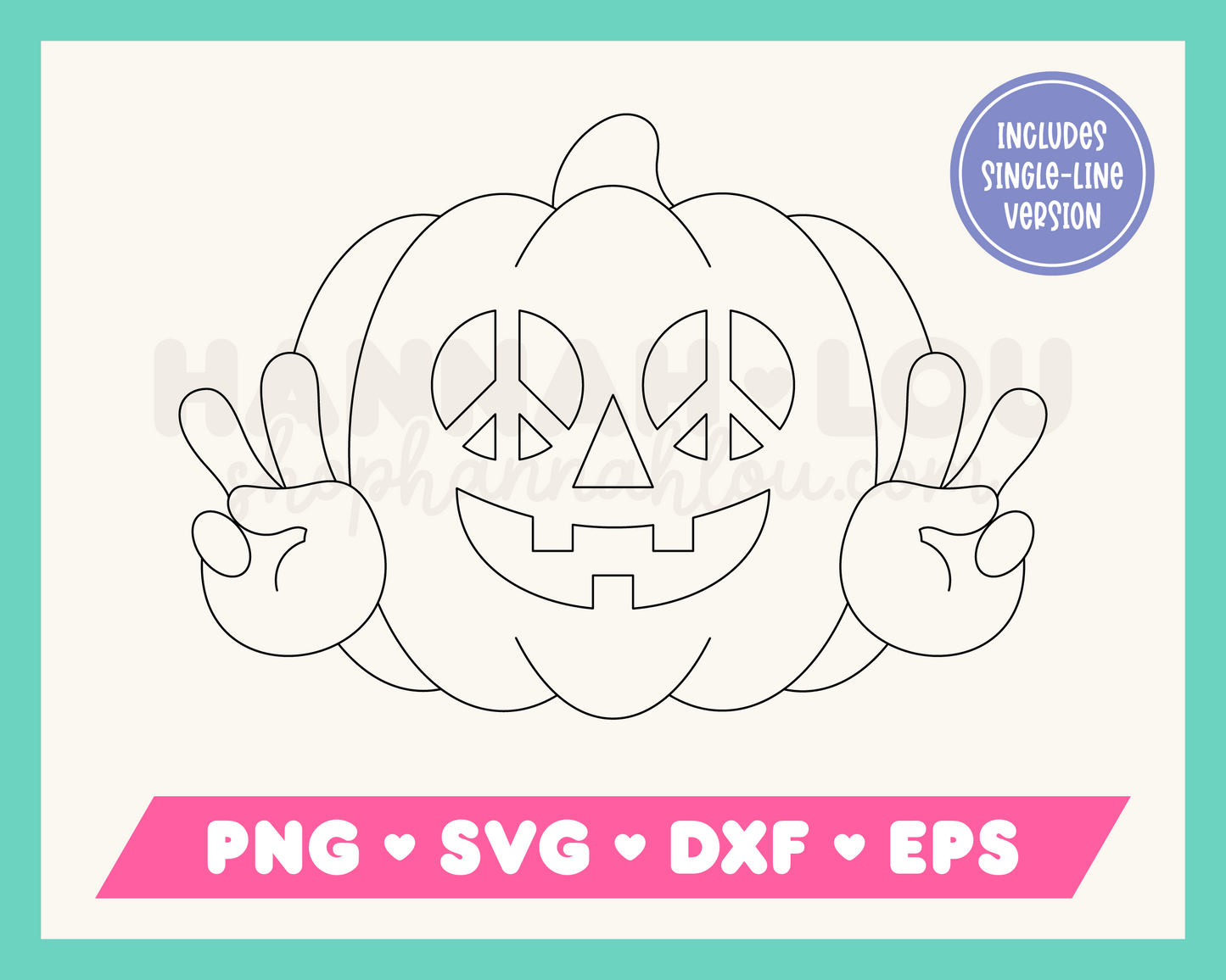 My peace-loving Hippie Pumpkin SVG is part of my Halloween SVG Files for Cricut collection, and features a single-line drawing of a jack-o-lantern with peace symbols for eyes who is giving the peace sign.