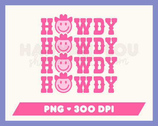 My Howdy Howdy Howdy PNG is part of my western sublimation designs collection, and features a happy face cowboy within the word howdy.