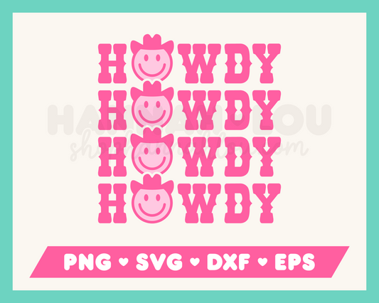 My Howdy Howdy Howdy SVG is part of my western SVG files for Cricut collection, and features a happy face cowboy within the word howdy.