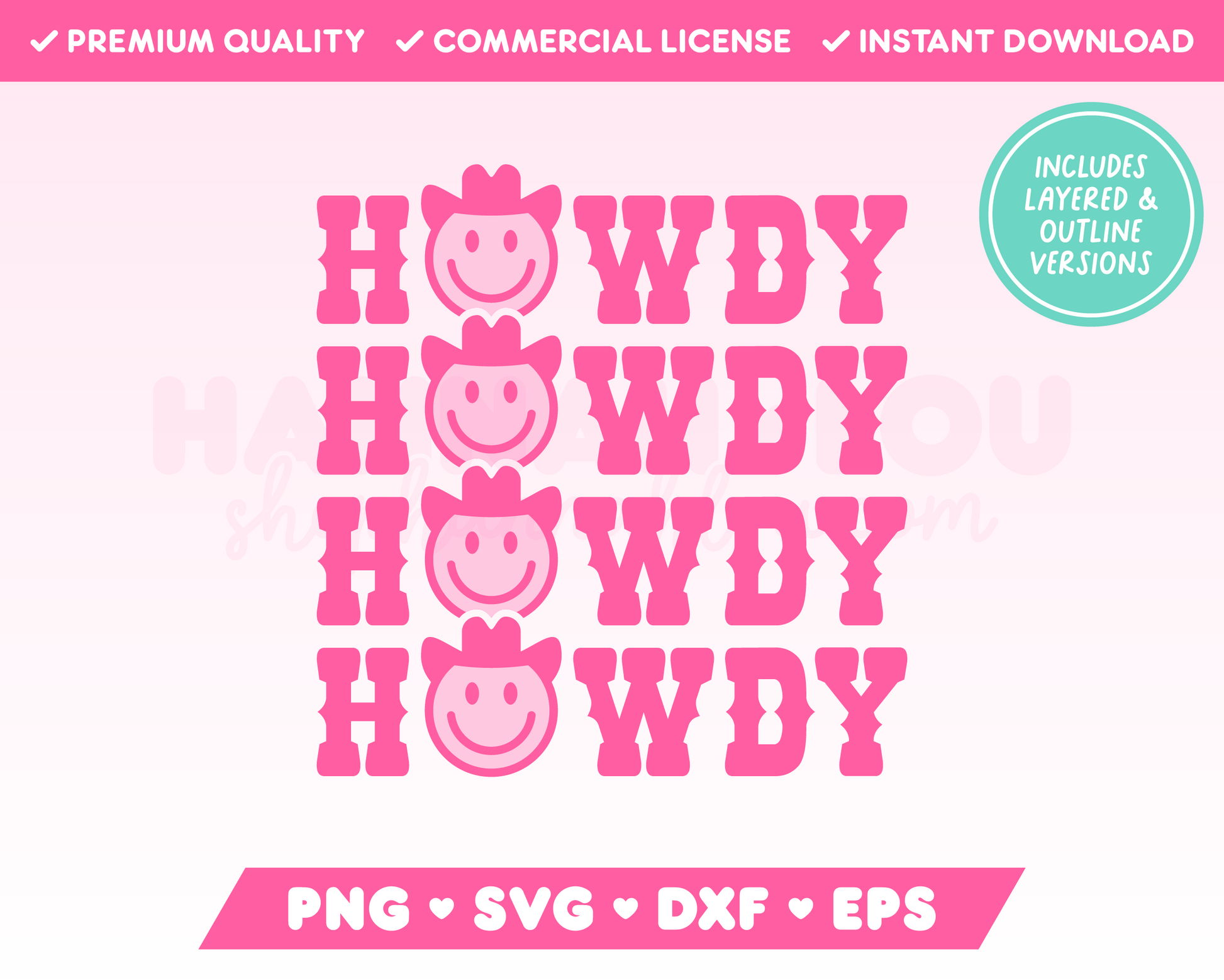 My trendy Howdy Howdy Howdy SVG is part of my Western SVG Files for Cricut collection, and features the word Howdy repeated four times with a happy face wearing a cowboy hat replacing the letter O.