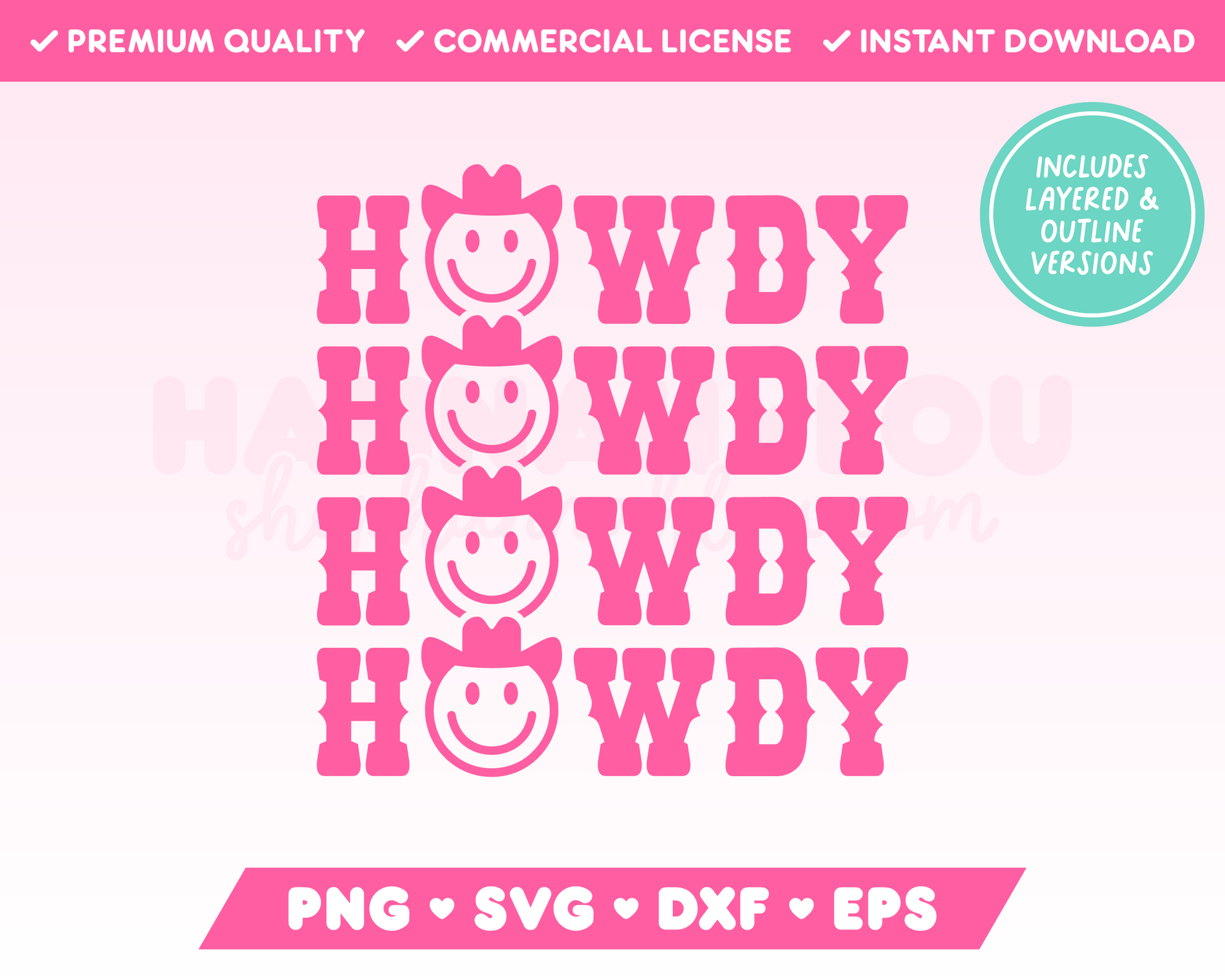 My trendy Howdy Howdy Howdy SVG is part of my Western SVG Files for Cricut collection, and features the word Howdy repeated four times with a happy face wearing a cowboy hat replacing the letter O.