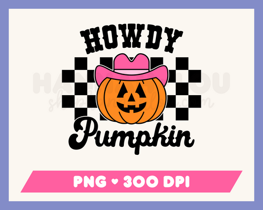 My western-inspired Howdy Pumpkin PNG is part of my Western Sublimation Designs collection, and features a pumpkin wearing a cowboy hat on a checkered background with the words Howdy Pumpkin written above and below it.