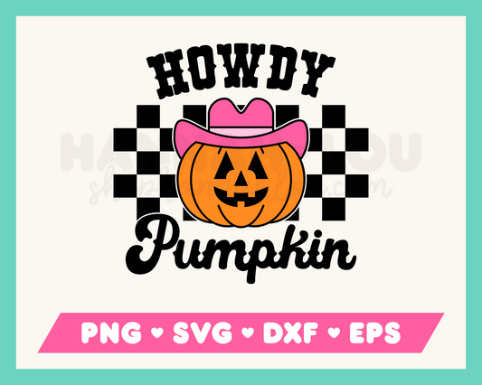 My western-inspired Howdy Pumpkin SVG is part of my Western SVG Files for Cricut collection, and features a pumpkin wearing a cowboy hat on a checkered background with the words Howdy Pumpkin written above and below it.