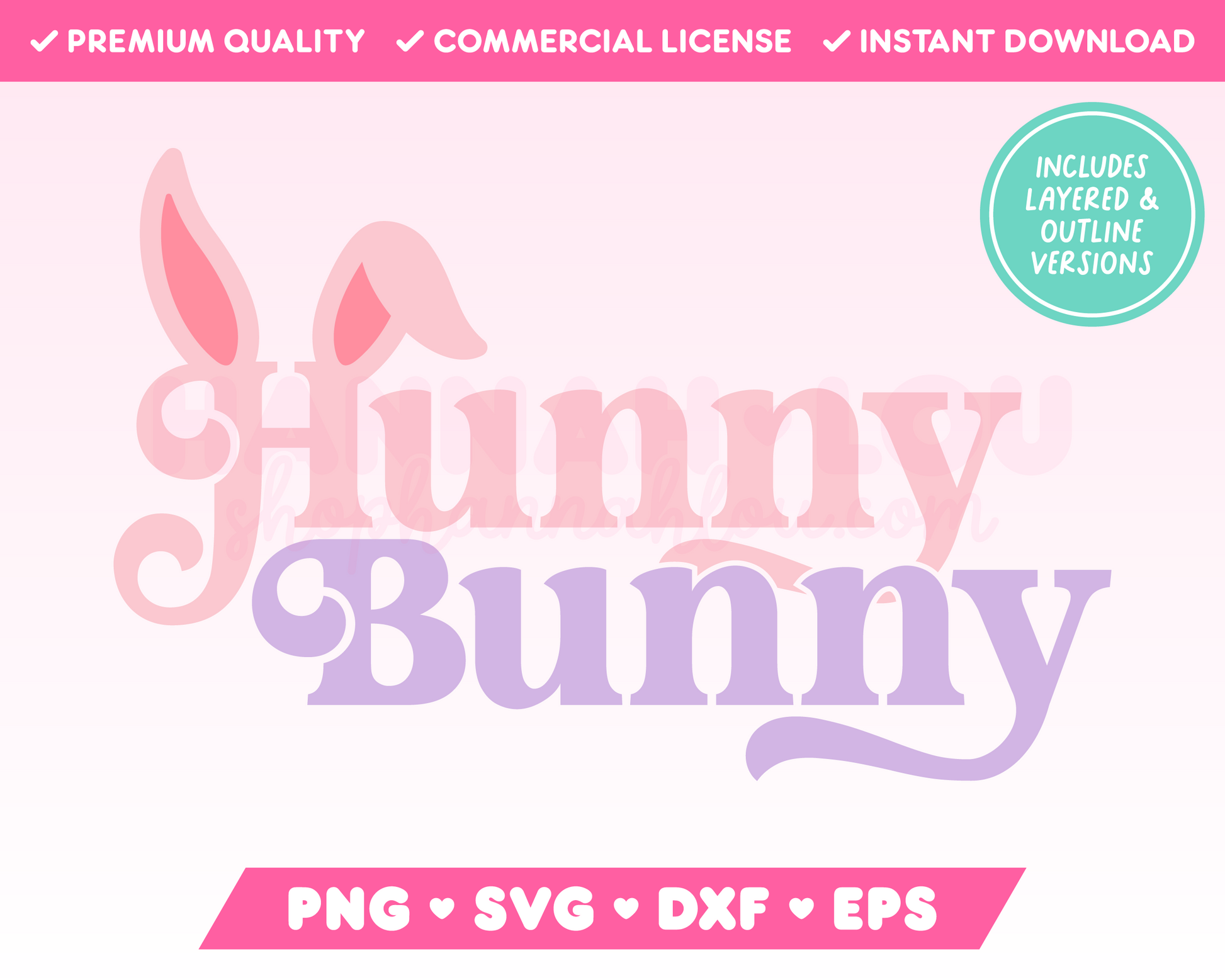 My cute Hunny Bunny SVG is part of my Easter SVG Files for Cricut collection, and features the words 'hunny bunny' with adorable bunny ears on the letter H.