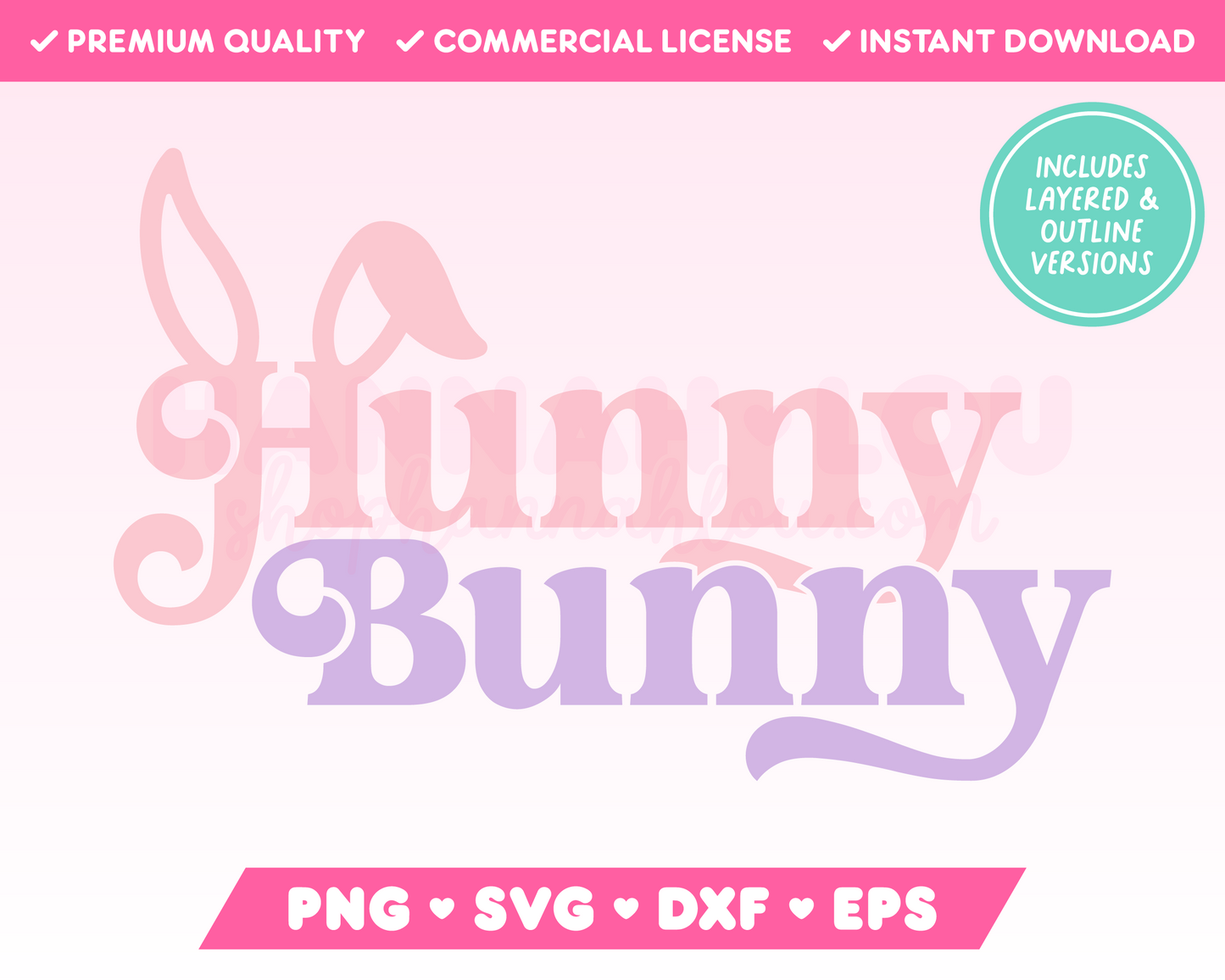 My cute Hunny Bunny SVG is part of my Easter SVG Files for Cricut collection, and features the words 'hunny bunny' with adorable bunny ears on the letter H.