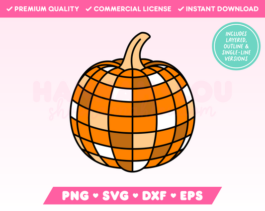 My trendy Pumpkin Disco Ball SVG is part of my Halloween SVG Files for Cricut collection, and features a retro-style disco ball shaped as a pumpkin.