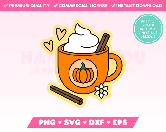 My autumnal Pumpkin Spice Latte SVG is part of my Fall SVG Files for Cricut collection, and features a cute mug filled with pumpkin spice latte complete with two cinnamon sticks.