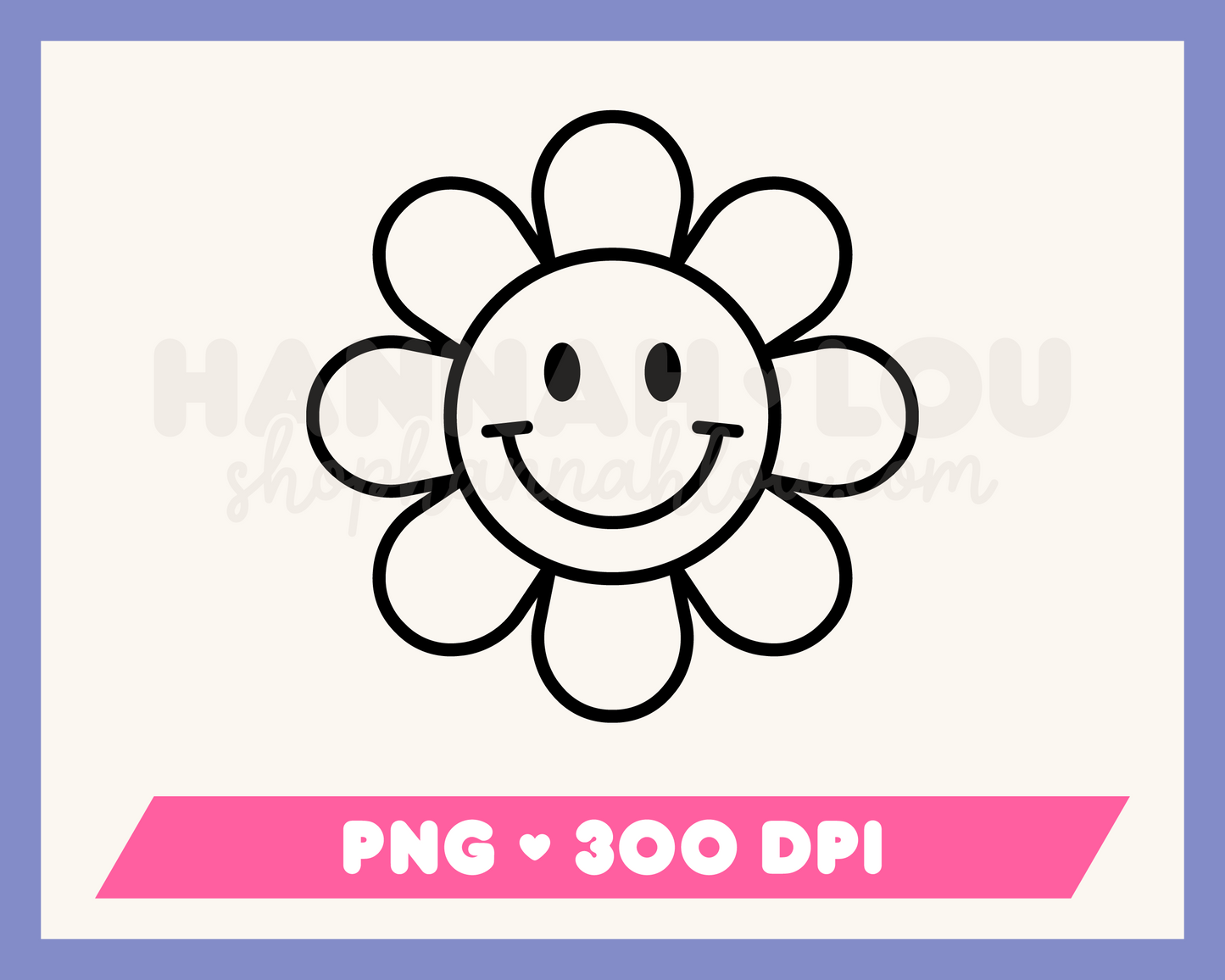 My Retro Daisy PNG is part of my Hippie Sublimation Designs collection, and features an outline of a retro daisy flower with a happy face.